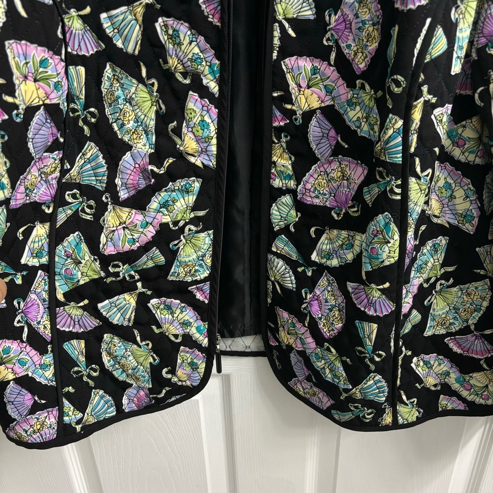 Quilted Zip Jacket Womens XL Black Fan Patterned Art to Wear Colorful Funky - Picture 3 of 9